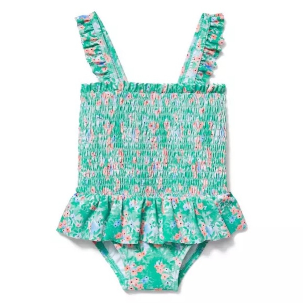 Janie and Jack Ditsy Floral Smocked One Piece Swimsuit Baby Girls 12-18 mos Blue